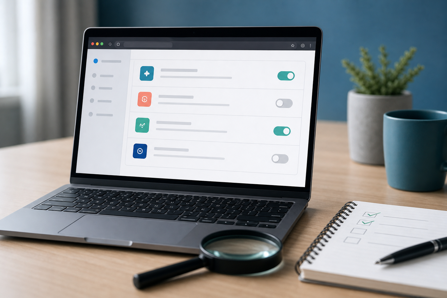 Laptop met overzichtelijke browserinstellingen, vergrootglas en checklist